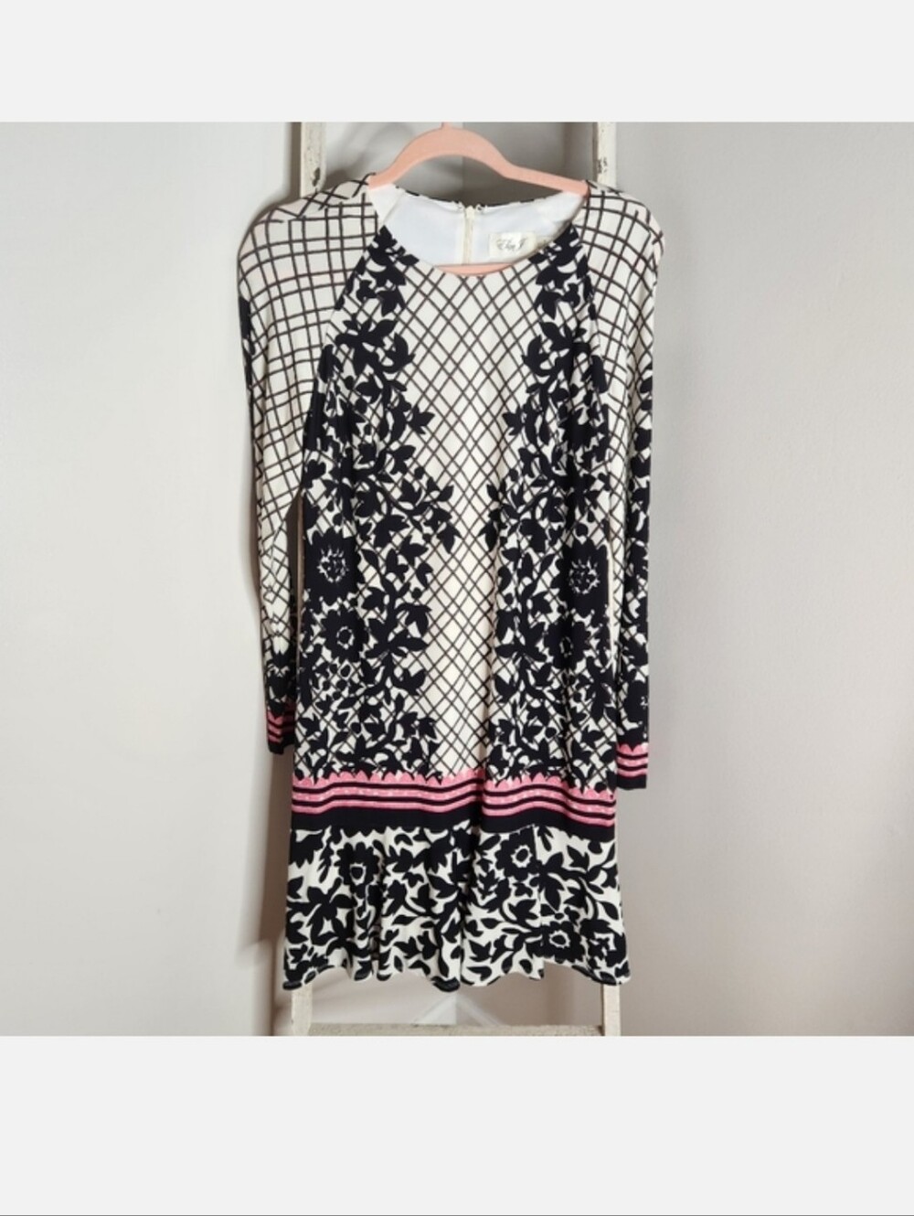 Eliza J womens 10 white black grid floral long sleeve shift dress